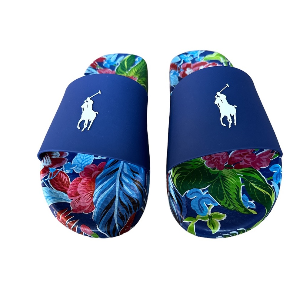 New Polo Ralph Lauren NAVY GARDEN FLORAL TROPICAL Big Pony Slide Sandals Sz 11